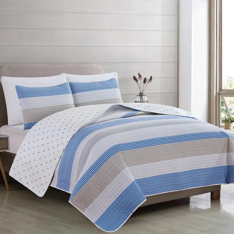 FreshFolds Blue / White / Grey Striped Reversible Quilt Set with Shams