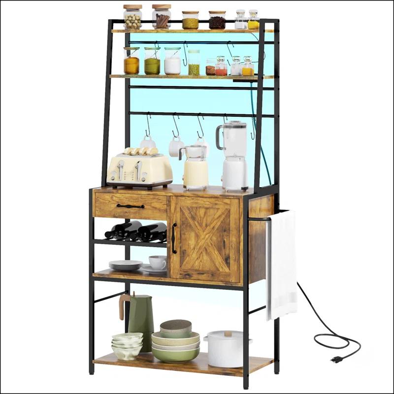 17 Stories Baker's Rack With Power Outlet And LED Lights Bar With Storage Shelves,Industrial Microwave Stand With Wine Bottle Rack,Drawer,Barn Door Cabinet
