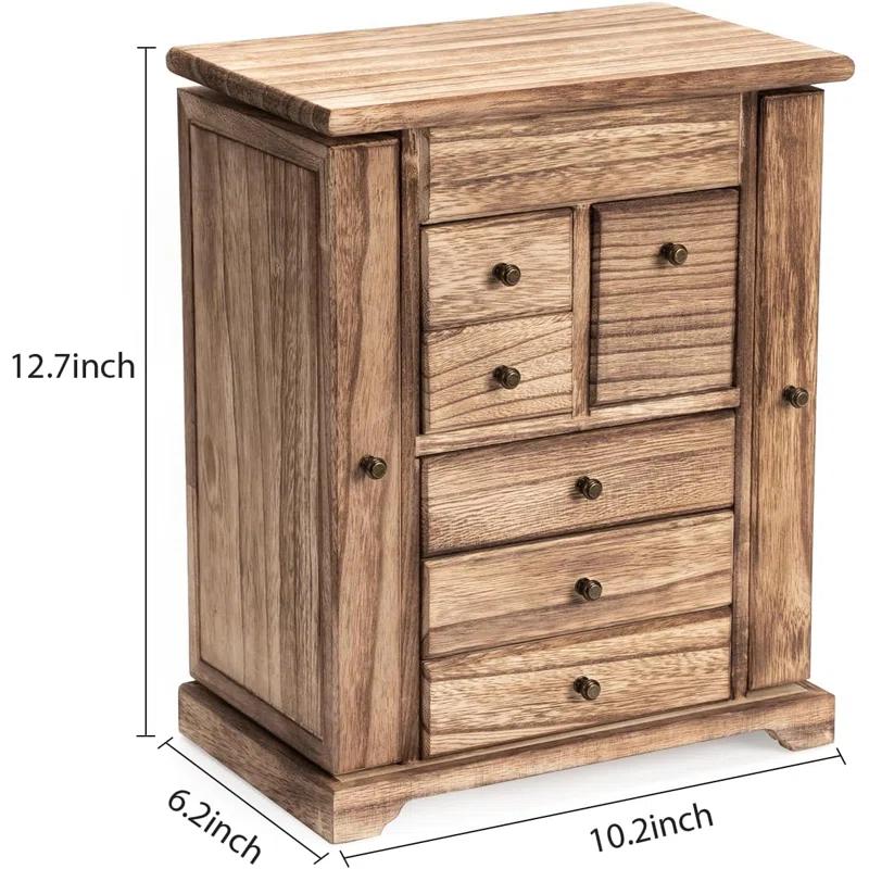 Loon Peak® Jewelry Box, Rustic Wooden Jewelry Boxes & Organizers With Mirror & Drawers,6 Layer Jewelry Organizer Box For Rings Earrings Necklaces Bracelets (Carbonized Black)