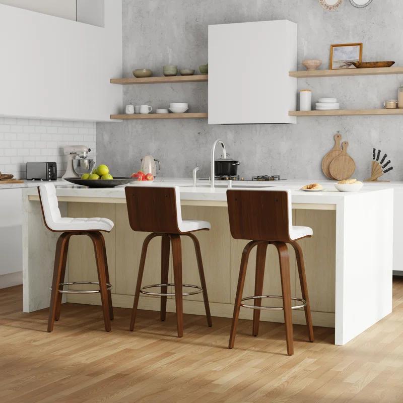 Simpli Home Roland Swivel Upholstered Mid-Century Modern Stool with Padded Seat and Back