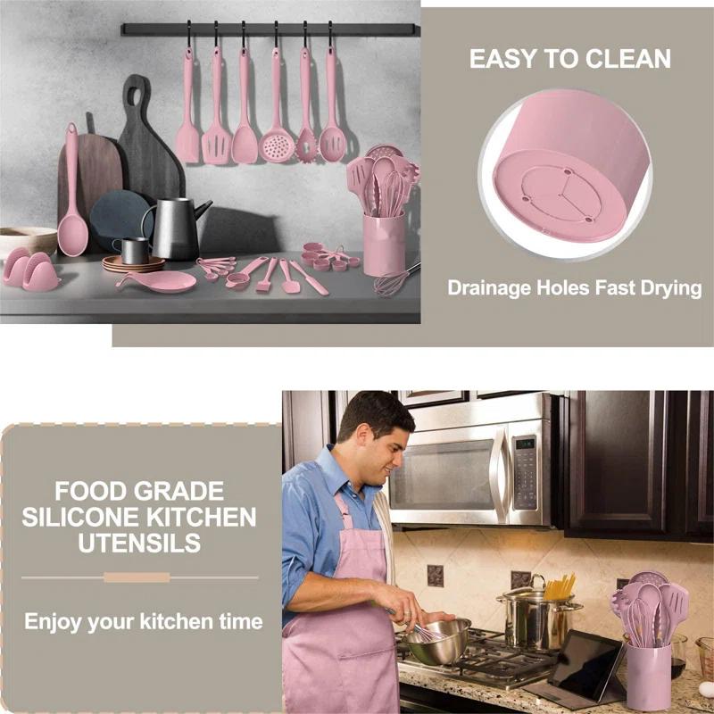 shuoli Silicone Cooking Kitchen Utensil Set, 43 Pcs Pink Cooking Utensils Set, Turner, Tongs, Spoon, Spatula, Kitchen Gadgets Tools Set For Nonstick Cookware, Heat Resistant (Dishwasher, BPA Free)