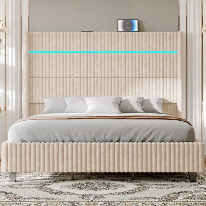 Ivy Bronx LED Bed Frame, Corduroy Upholstered Platform with 60" Tall Headboard & Charging Station