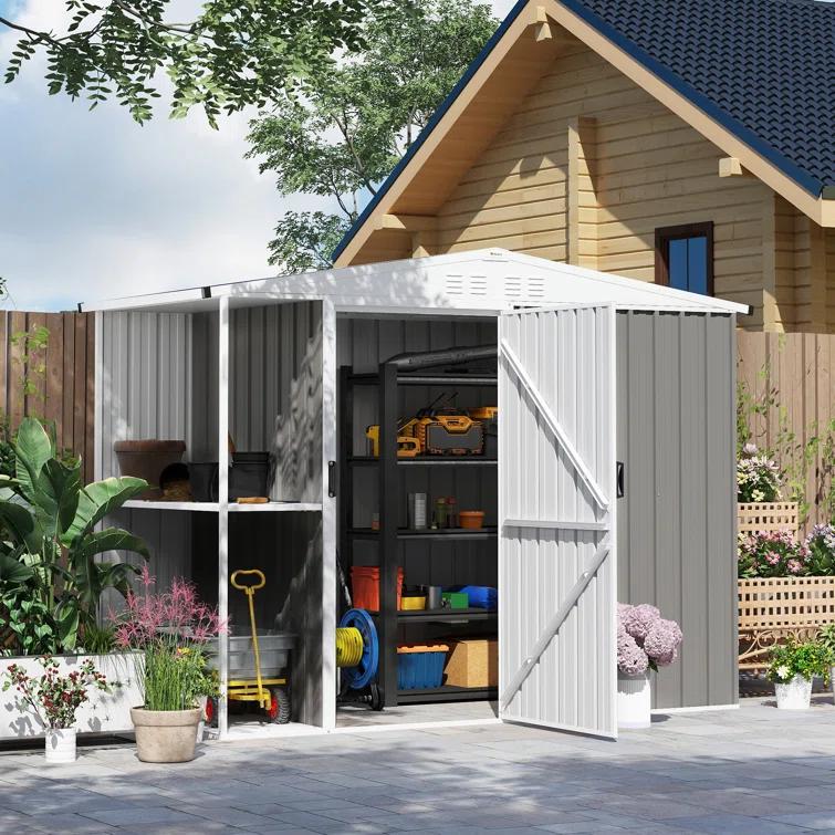 Outsunny 8 x 4ft Outdoor Storage Shed, Metal Garden Shed with 2-Tier Storage Rack, Air Vents and Lockable Door, Tool Shed for Backyard, Patio, Lawn