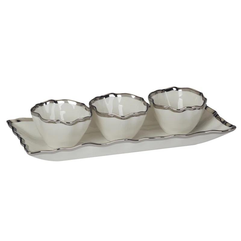 White and Silver Ceramic Serving Tray with Condiment Bowls