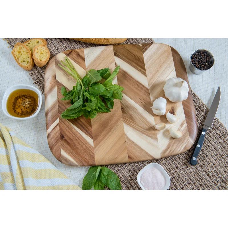 Lipper International Acacia Herringbone Rounded Edge Cutting/Serve Board With Inset Handles, Small