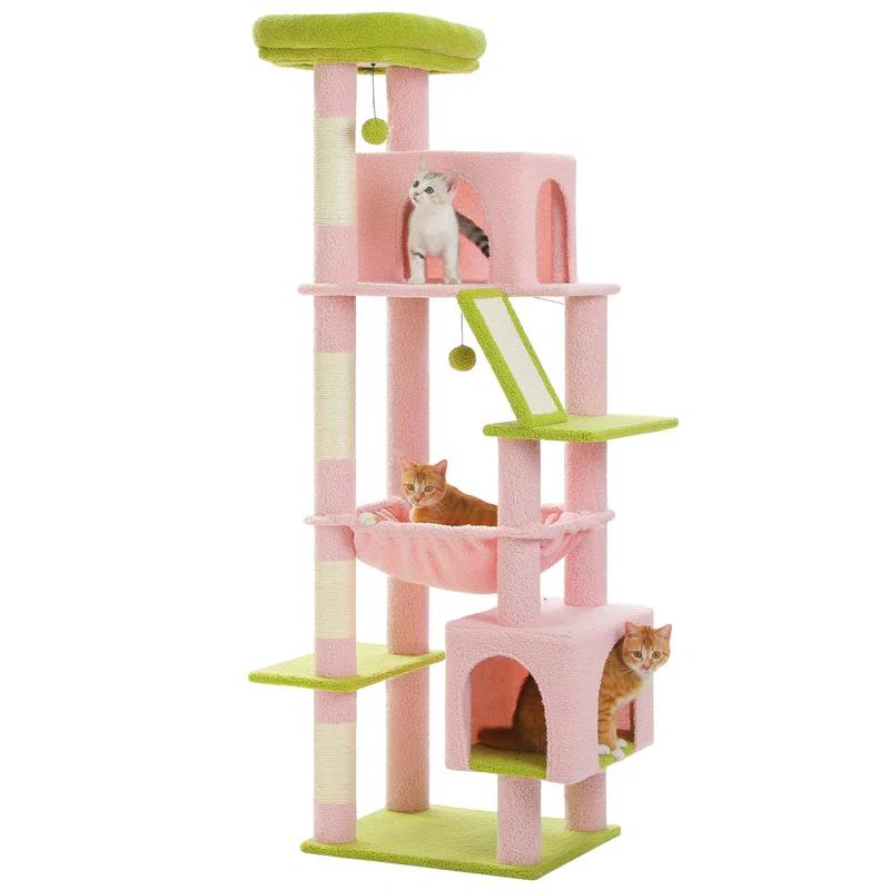 71" Indoor Tall Large Cat Tree Multi-Level Cat House With 2 Big Condo Pad Bed, Cozy Hammock And Scratching Posts