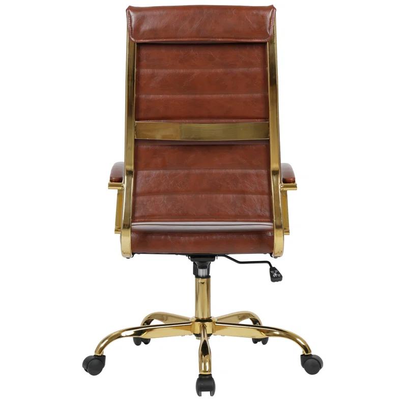 Everly Quinn Humairaa Leather Office Chair – Executive Task Chair with Swivel, Adjustable Height & Gold Base for Home Office or Conference Room