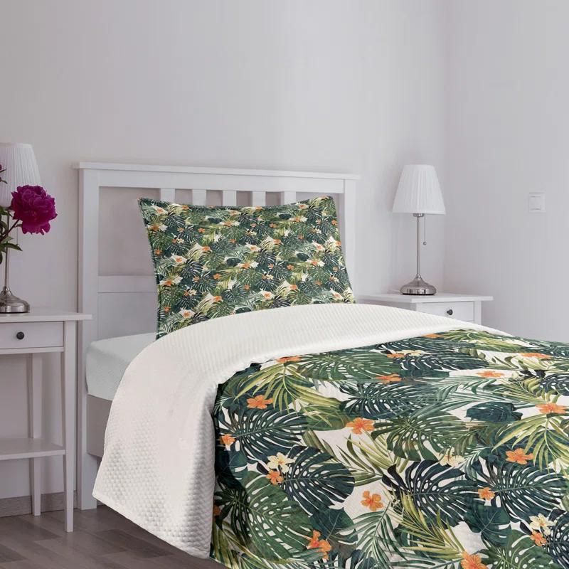 Ambesonne Ambesonne Green Bedspread Set 2 Pcs Hawaiian Tropical Flora Twin Green Dark Teal Orange