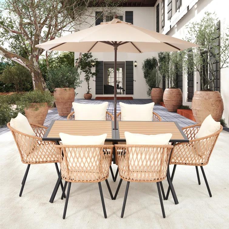 EROMMY 7 Piece Outdoor Dining Table Set, Patio Table And Chairs Set With 6 Rattan Chairs, Rectangular Table With Umbrella Hole, All-weather Patio Furniture For Backyard, Lawn, Garden