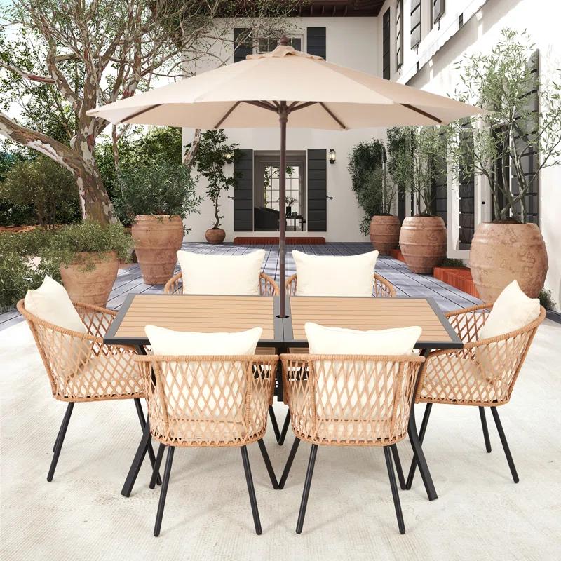 EROMMY 7 Piece Outdoor Dining Table Set, Patio Table And Chairs Set With 6 Rattan Chairs, Rectangular Table With Umbrella Hole, All-weather Patio Furniture For Backyard, Lawn, Garden