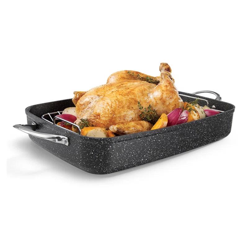 Black Non-Stick Aluminum Roasting Pan with Rack and Handles