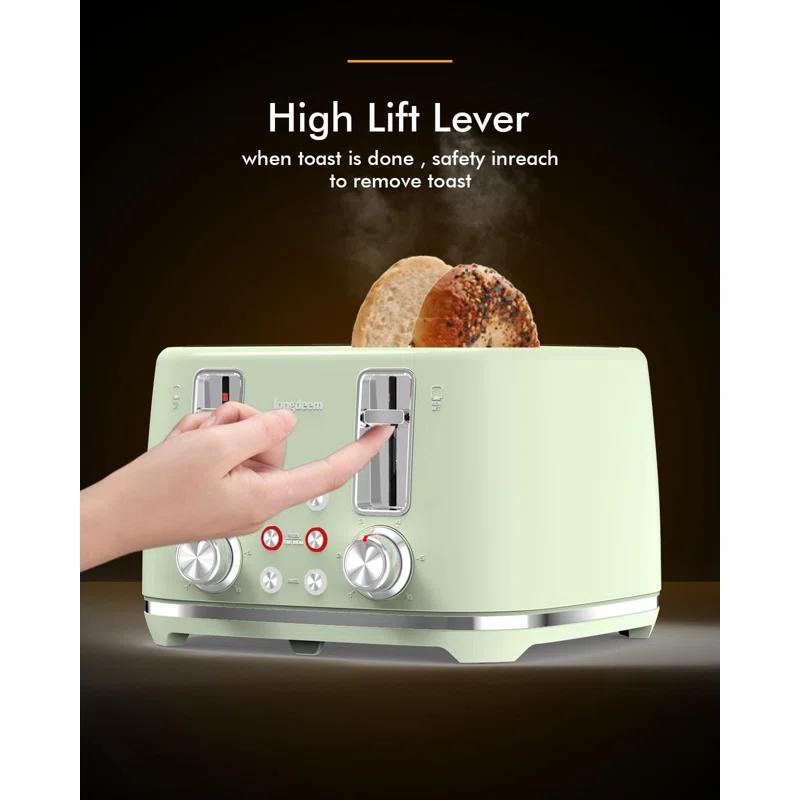 LONGDEEM 4 Slice Toaster, Extra Wide Slots, Longdeem Retro Stainless Steel Toasters, 6 Browning Options, Auto Shut Off & Frozen Function, Toast Fruit Bread, Bagel & Waffle