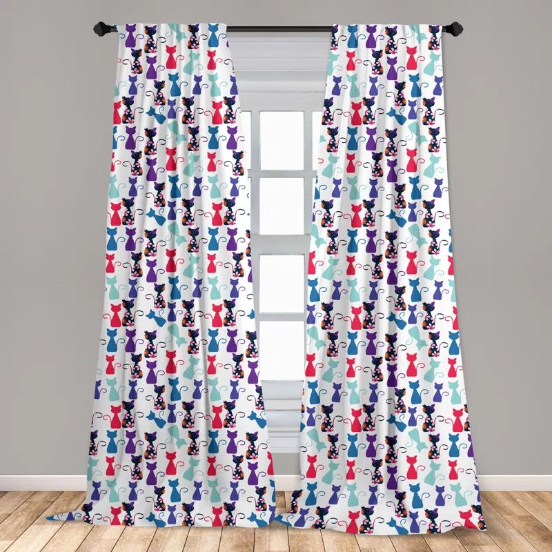 Cat Print Semi-Sheer Rod Pocket Curtain Panels (Set of 2)