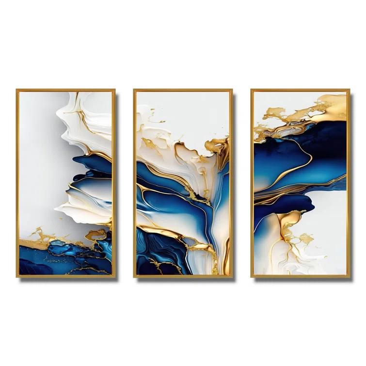 Design Art Abstract Geode Gold And Blue Marble Shape III - modern 3 Piece Print on Canvas