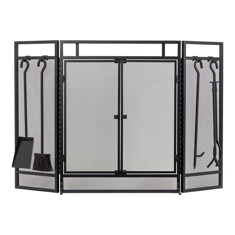 Kern River Mesh Trifold Fireplace Screen with 4 Piece Tool Set in Black