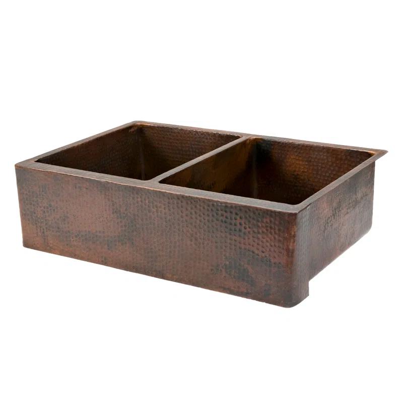Premier Copper Products KA50DB33229 33" Hammered Copper Apron Front 50/50 Double Basin Kitchen Sink