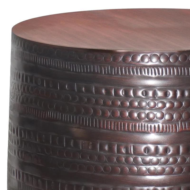 Simpli Home 15"W Metal Boho End Table with Drum Design and Textured Finish, Assembled