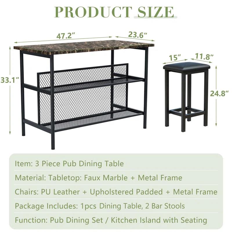 Ebern Designs Helidon 3 - Piece Trestle Dining Set w/2 Stools and 2 Open Shelves,Bar Height Table and Chairs