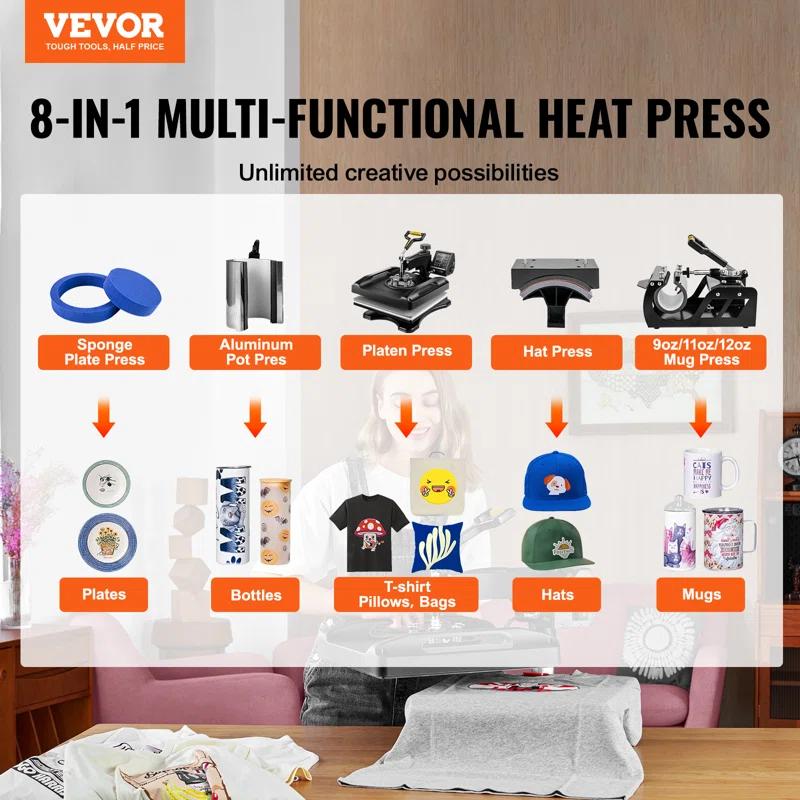 VEVOR Heat Press Machine, 8in1 Heat Press, 800W Sublimation Machine