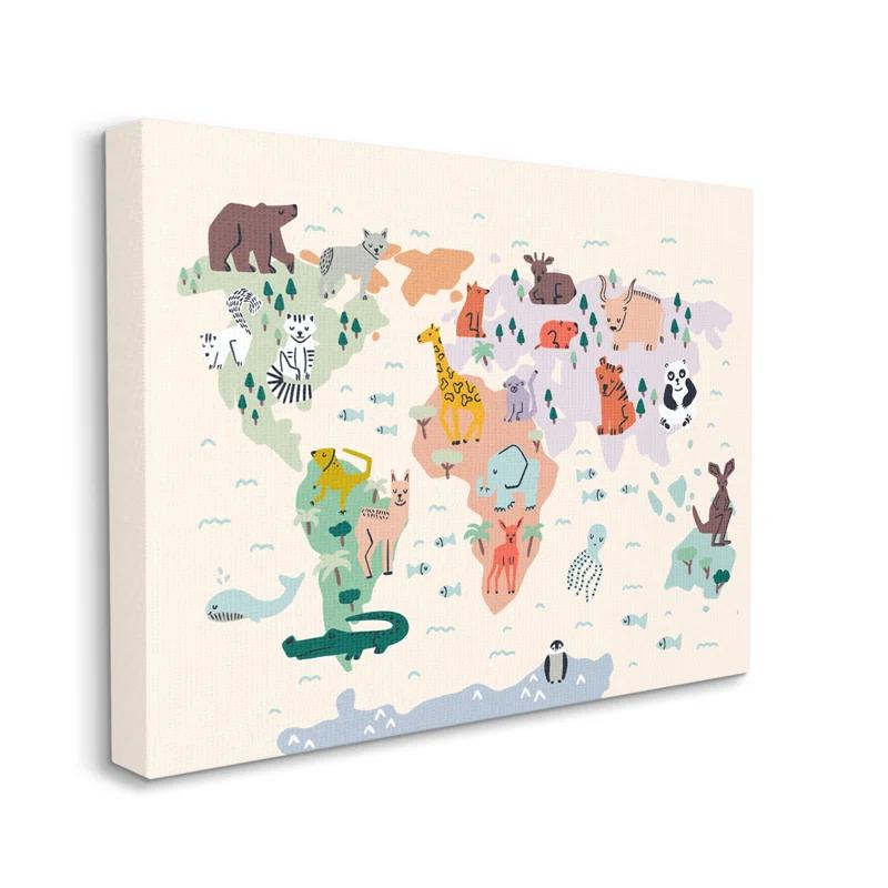 Stupell Industries " Educational World Map Native Animals Wildlife Chart " by Dominika Godette