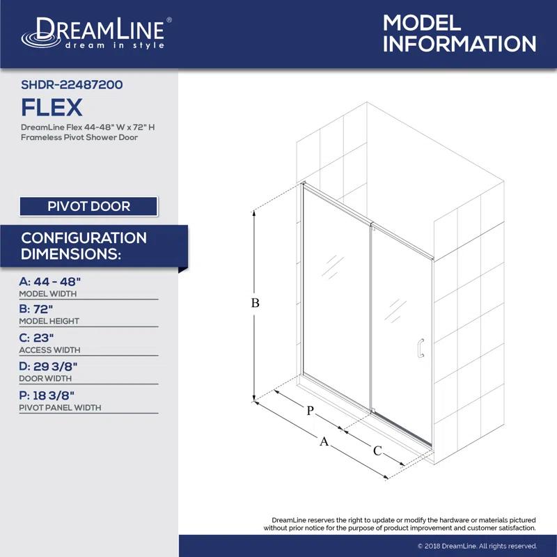 DreamLine SHDR-22487200-01 Flex 44" W x 72" H Pivot Semi-Frameless Pivot Shower Door with Clearmax Technology