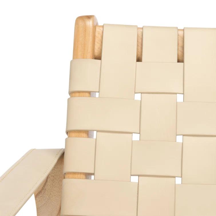 Cherry Mahogany & Woven Leather Safari Accent Chair - White