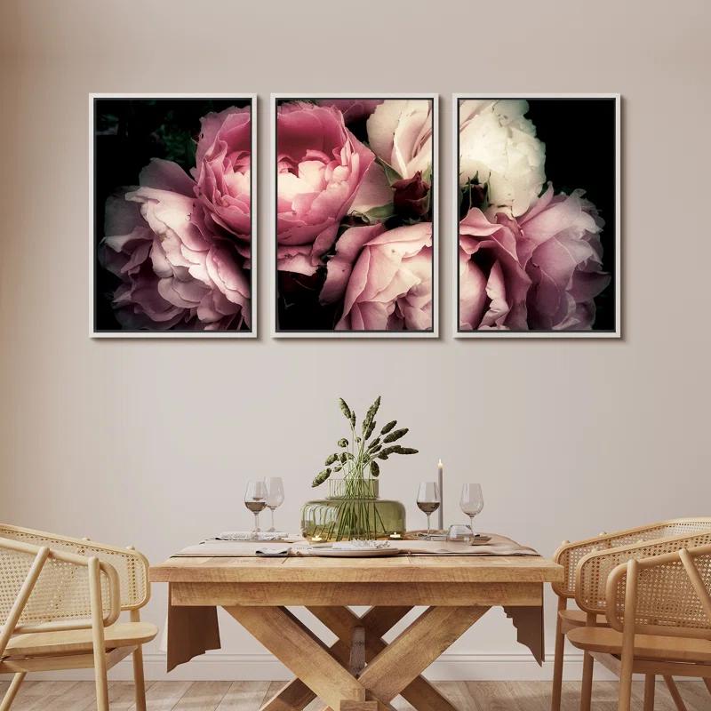 IDEA4WALL Flower Blossom " Pink Rose Peony Bouquet Floral Pictures Large Framed Canvas Print 3 Pieces Wall Art