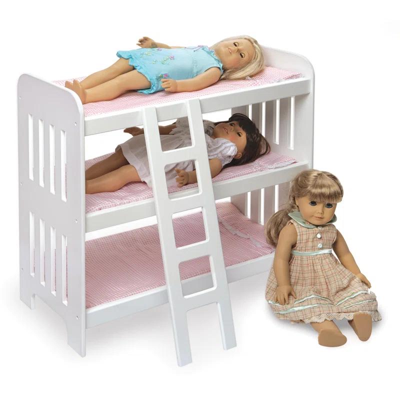 Badger Basket Triple Doll Bunk Bed with Ladder, Bedding, and Free Personalization Kit - Pink Gingham