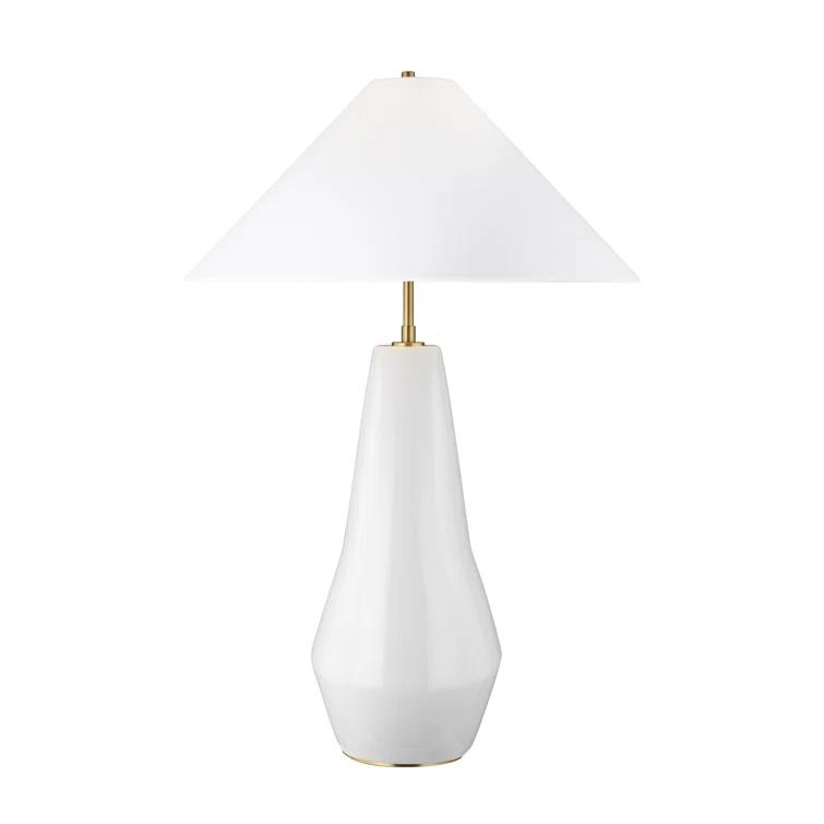 Arctic White Ceramic Arc Table Lamp with Linen Shade