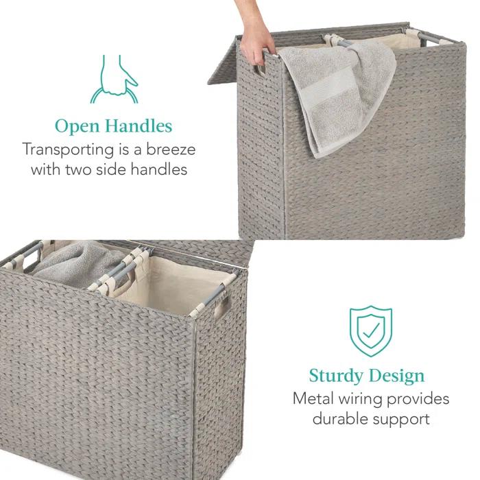 Bayou Breeze Large Water Hyacinth Double Laundry Hamper Basket w/ 2 Liner Bags, Handles