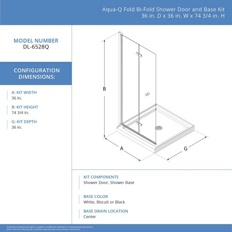 DreamLine Aqua-Q Fold 36 W X 36 D X 74.75 H Frameless Square Shower Enclosure DL-6528QC-88-06