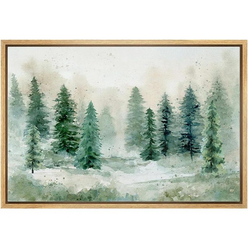 IDEA4WALL Woodland Forest Landscape " IDEA4WALL Framed Canvas Print Wall Art Woodland Nursery Decor Pastel Green Pine Tree Forest Landscape Nature Wilderness Fine Art Decorative Rustic For Living Room, Bedroom, Office "