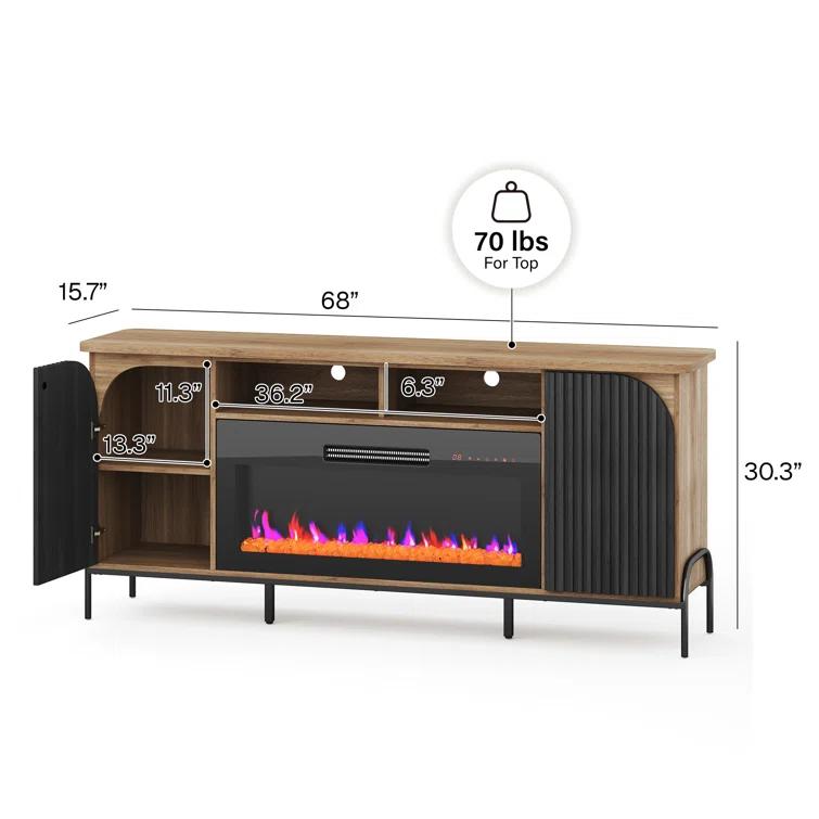 Belleze 68" Fluted TV Stand with 36" Electric Fireplace, Modern Entertainment Center with Storage for TVs Up to 75", Media Console with Curved Panel & Door