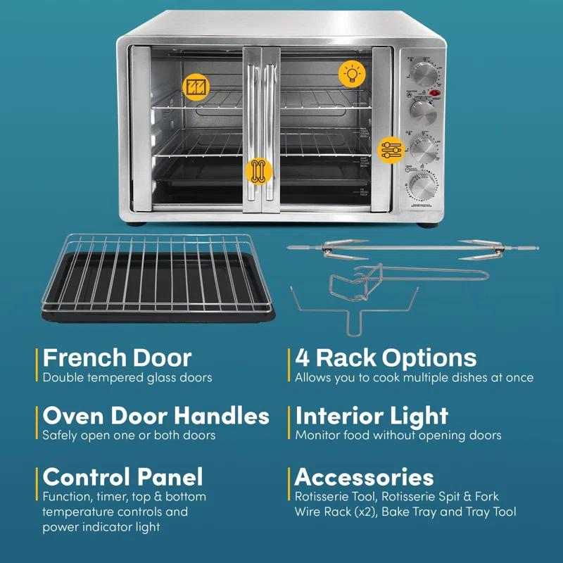 MODERN WALLS LLC French Door 47.5Qt, 18-Slice Convection Oven 4-Control Knobs, Bake Broil Toast Rotisserie Keep Warm, Includes Pizza Racks