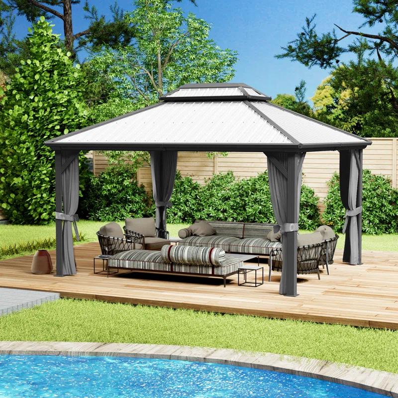 Kozyard Kozyard Caesar Gray Double Roof Hardtop Gazebo with Privacy Curtain and Mosquito Netting