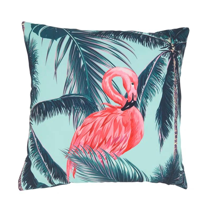 Saro Tropical Flamingo and Palm Tree Outdoor Pillow with Poly Fill