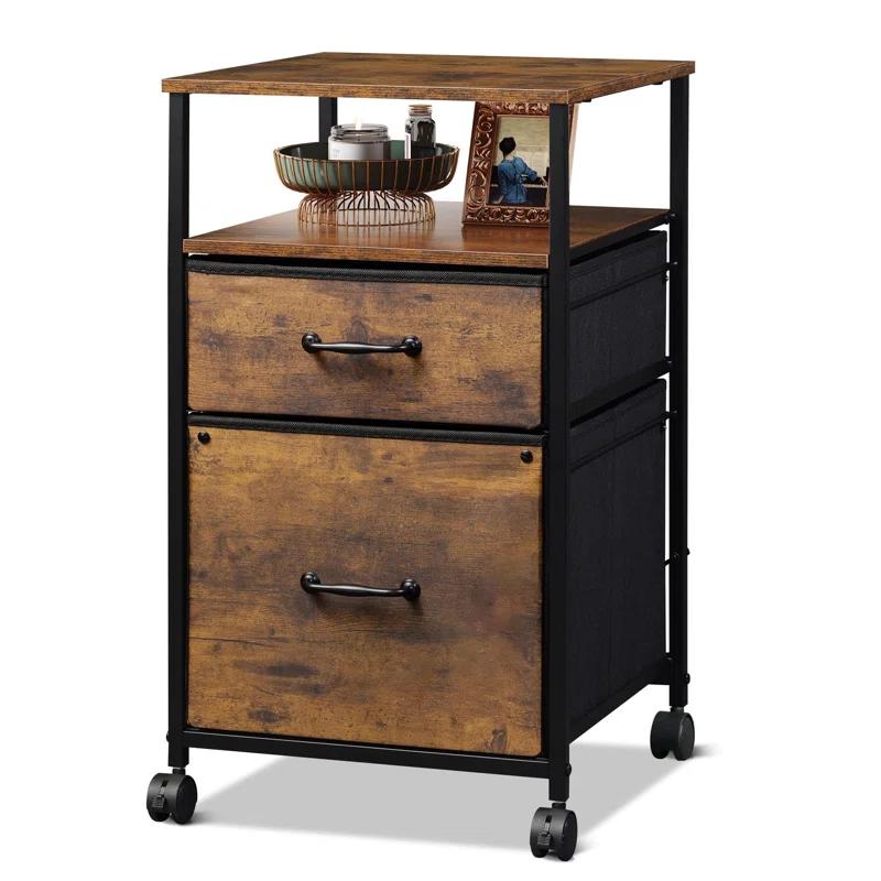 DEVAISE 2 Drawer Mobile File Cabinet, Fabric Vertical Filing Cabinet With Open Storage Shelf,Rolling Printer Stand