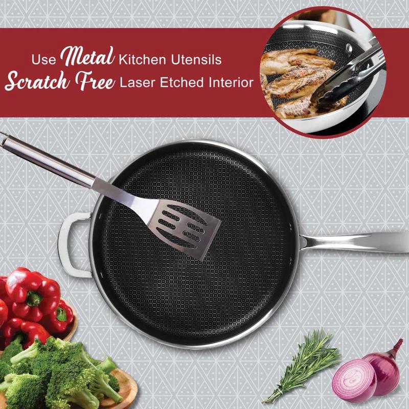 Brentwood 11-In. 3-Ply Hybrid Non-Stick Stainless Steel Induction-Compatible Deep Sauté Pan with Glass Lid