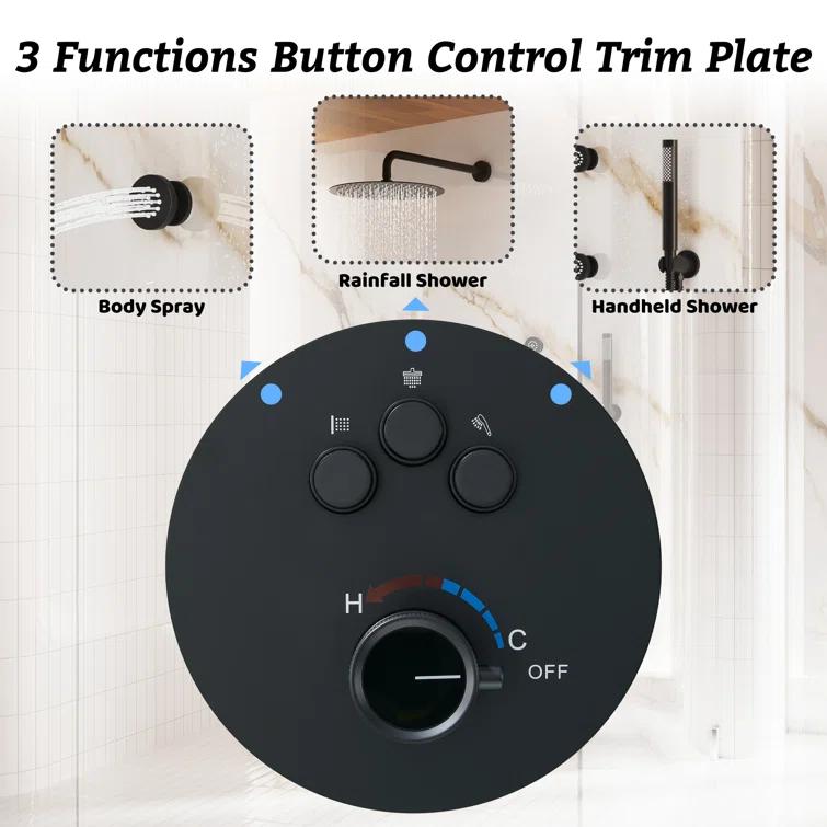 CASAINC Wall Mounted Thermostatic Complete Rainfall Shower System with 6 Body Jets and Rough-in Valve CS6823-12MB