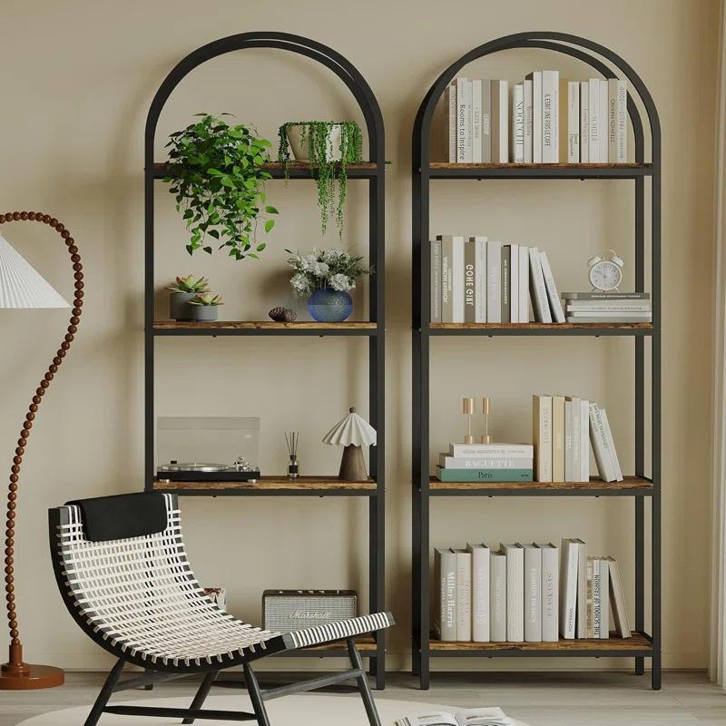 17 Stories Bookshelf Arched Bookcase, Industrial 4-Tier Open Book Shelves with Metal Frame, 72" Tall Bookcase