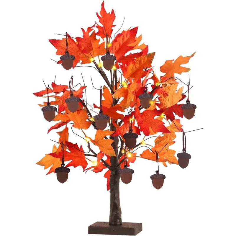 Fall Decorations For Home, 24”/2FT Lighted Fall Maple Leaves Tree With 24LT Warm White Leds For Autumn Decor, 12 Wood Acorns Ornaments Battery Powered Timer For Home Decor, Thanksgiving