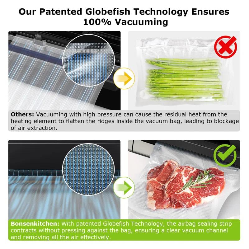 BEACHWATER POOL & SPA, LLC Vacuum Sealer Machine, Powerful Low-Noise Food Vacuum Sealer For High-Speed Continuous Working, Handle Locked Design, Built-In Cutter, 2 Bag Rolls + 100 PCS Vacuum Bags