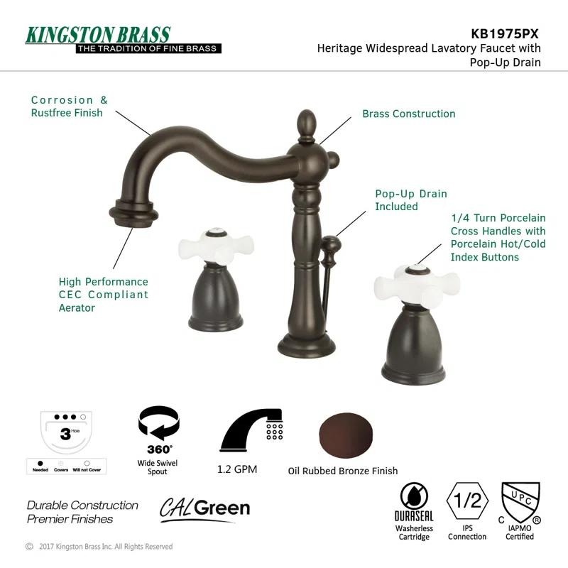 Kingston Brass KB1975PX Kingston Brass Heritage Two-Handle 3-Hole Deck Mount Widespread Bathroom Faucet with Pop-Up Drain