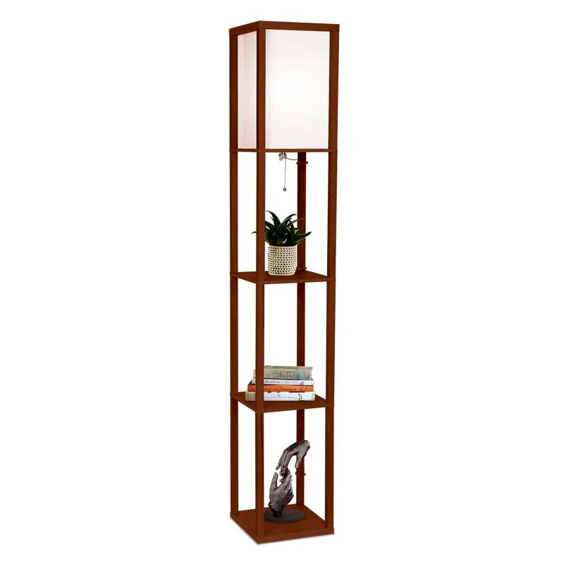 Brightech Maxwell 63" Modern LED Shelf Floor Lamp with Walnut Brown Finish, 3 Tiers, and Fabric Square Shade, Bulb Included