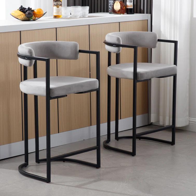 Ivy Bronx Modern Upholstered Hollow Bar Stool With Armrests And Footrests, Barrel High Stools (Set of 2)