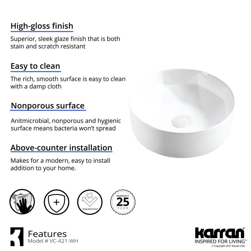 Karran VC-421-WH Karran Valera 16 In. Vitreous China Round Vessel Bathroom Sink