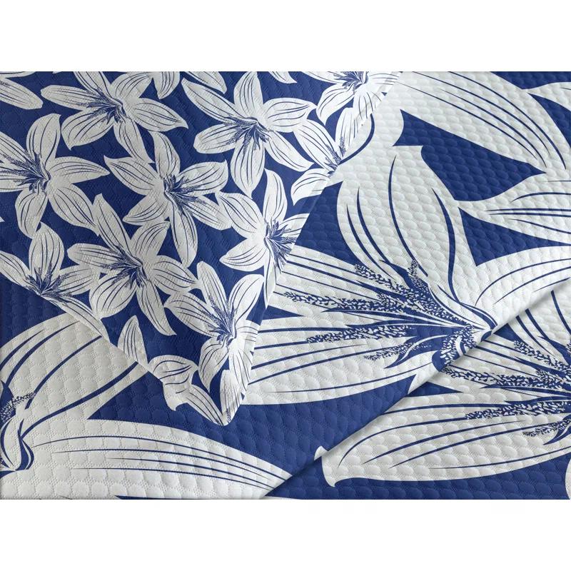 Ambesonne Ambesonne Hawaiian Bedspread Set 3 Pcs Hibiscus Flower Petals Queen White Dark Blue
