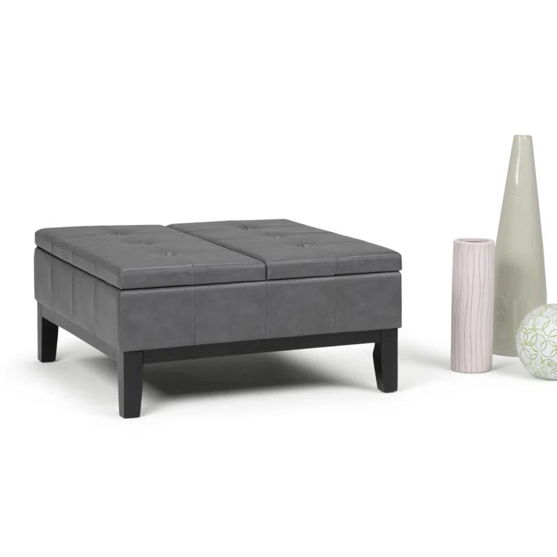 Simpli Home Dover 36"W Upholstered Square Coffee Table Storage Ottoman with Split Tufted Lift Top
