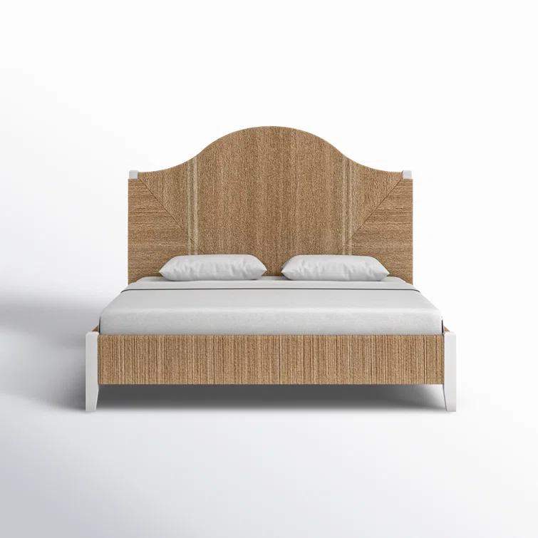 King Transitional Brown Pine Upholstered Panel Bed