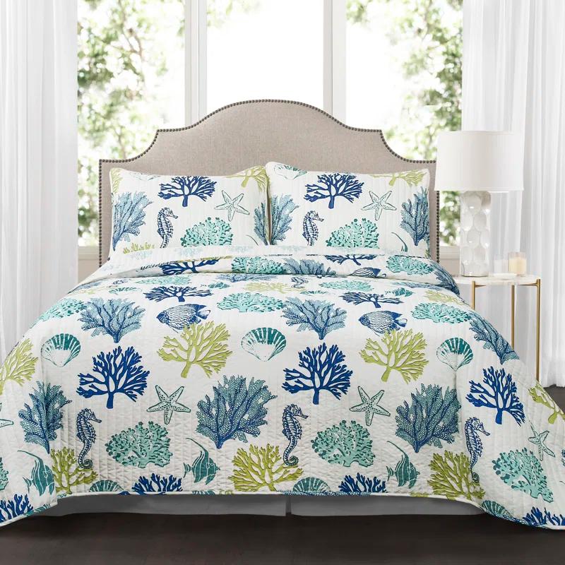 Lush Decor Coastal Reef Cotton Reversible Coastal 3 Piece Quilt Set